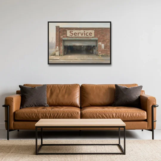 Vintage Garage Signs Service Over the Open Bay - Black Framed Canvas Wall Art - Sofa - 36x24