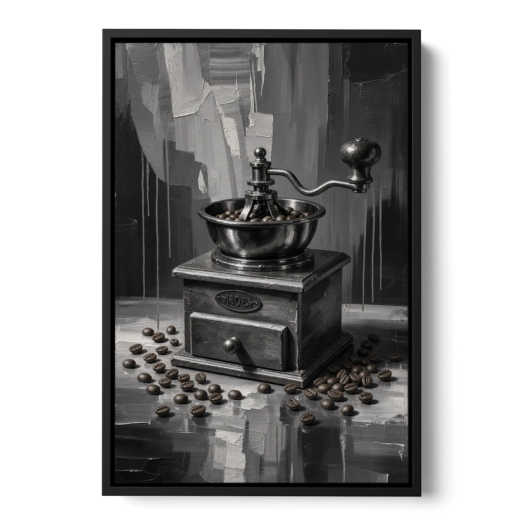 Vintage Hand-Crank Coffee Grinder for the Kitchen - Black Framed Canvas Wall Art - Front
