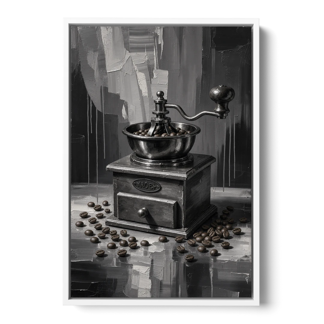 Vintage Hand-Crank Coffee Grinder for the Kitchen - White Framed Canvas Wall Art - Front