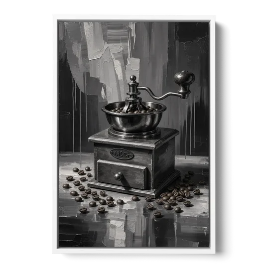 Vintage Hand-Crank Coffee Grinder for the Kitchen - White Framed Canvas Wall Art - Front