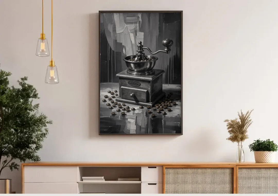 Vintage Hand-Crank Coffee Grinder for the Kitchen canvas wall art above a wooden sideboard under pendant lights