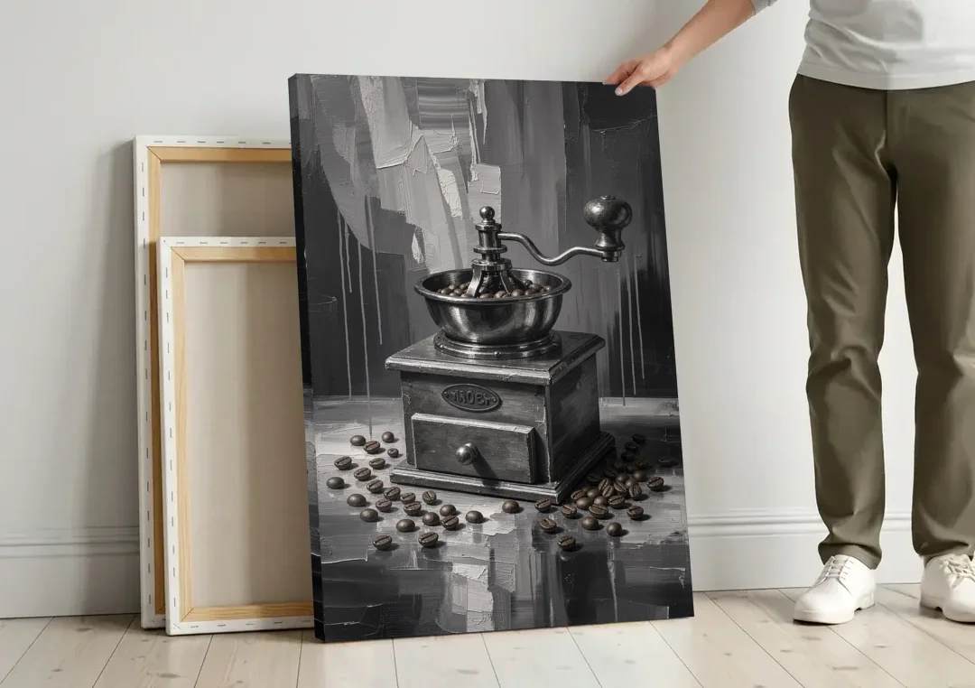 Vintage Hand-Crank Coffee Grinder for the Kitchen canvas wall art leaning against a wall next to blank canvases