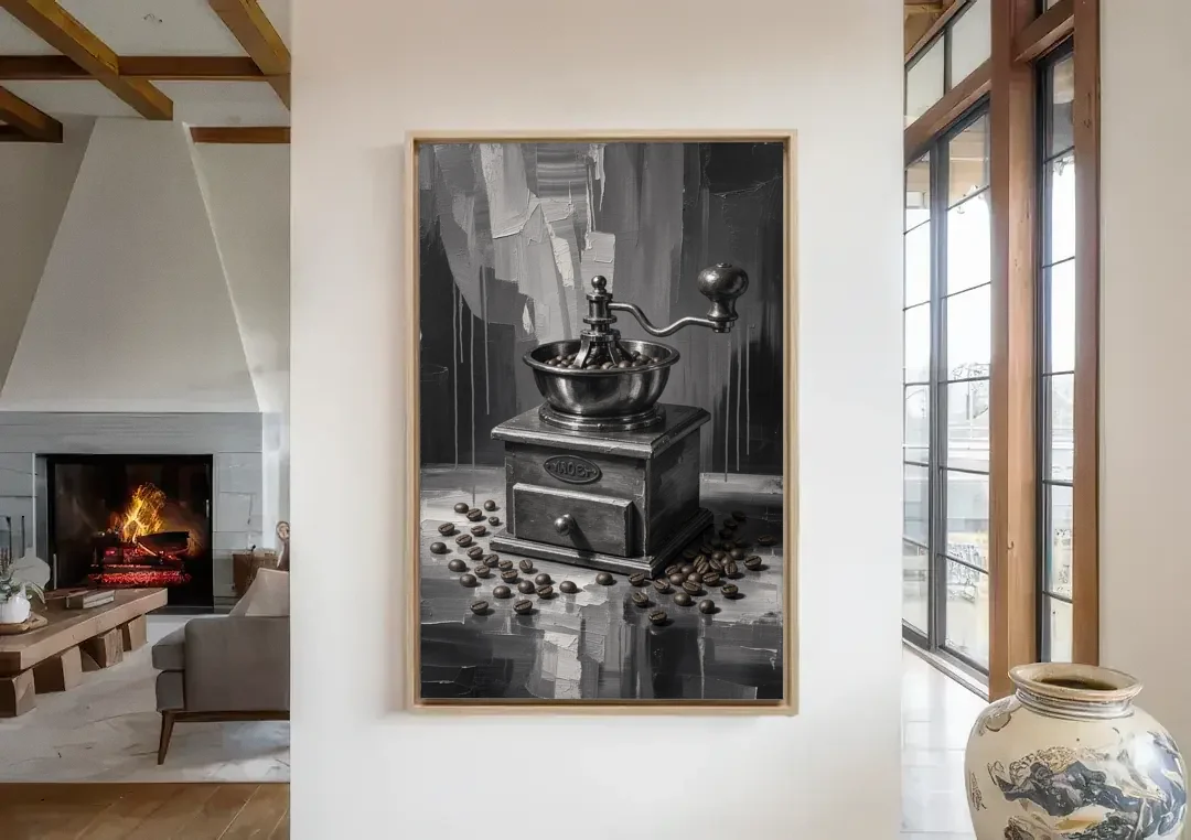Vintage Hand-Crank Coffee Grinder for the Kitchen canvas wall art in a living room with a fireplace