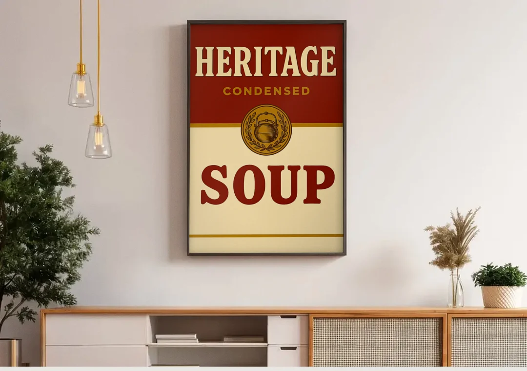 Vintage Heritage Soup canvas wall art above a wooden sideboard under pendant lights