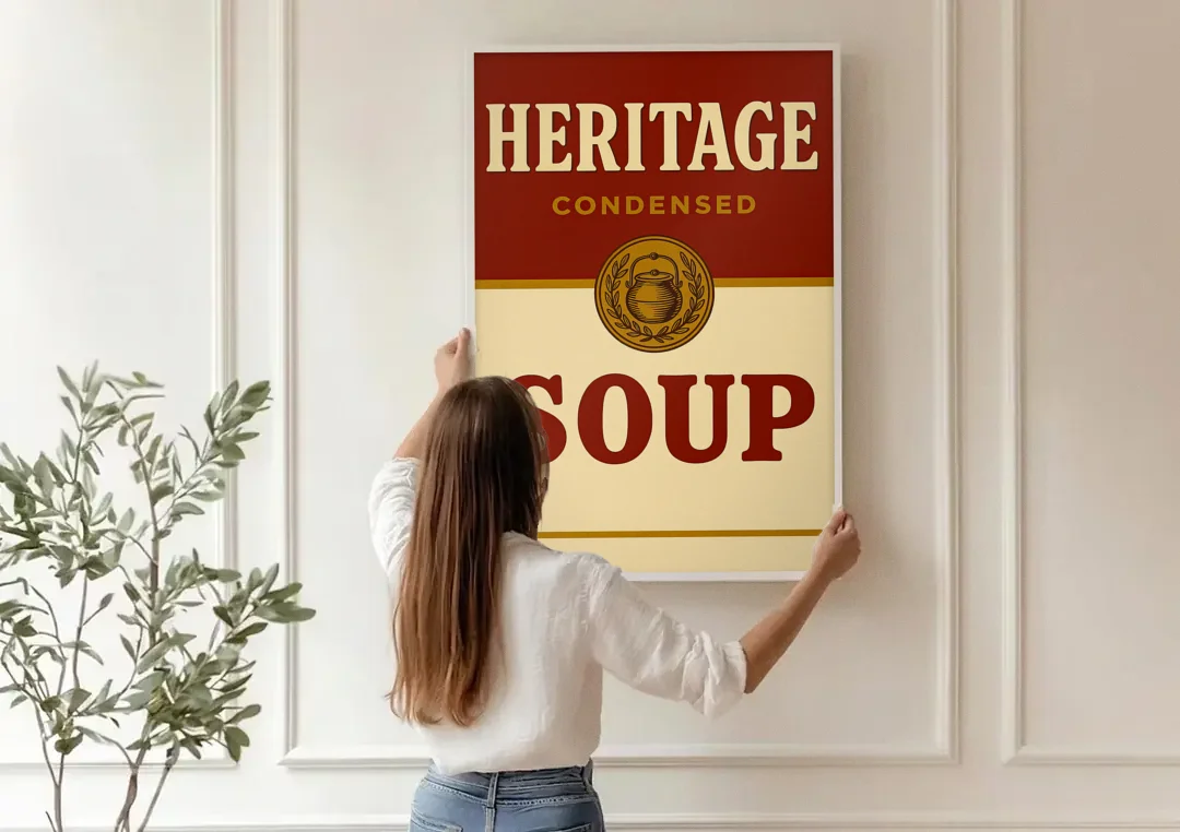 Vintage Heritage Soup canvas wall art being hung on a paneled wall