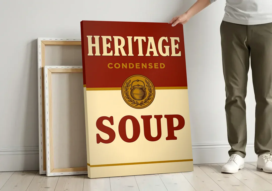 Vintage Heritage Soup canvas wall art leaning against a wall next to blank canvases