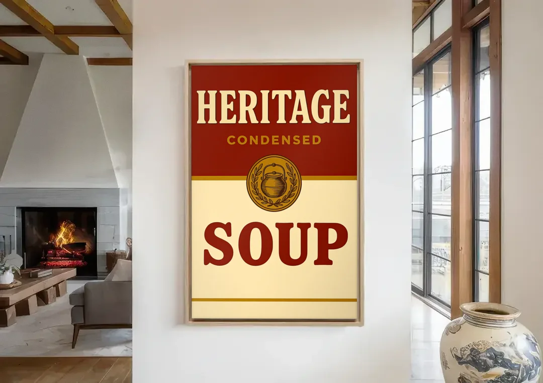 Vintage Heritage Soup canvas wall art in a living room with a fireplace