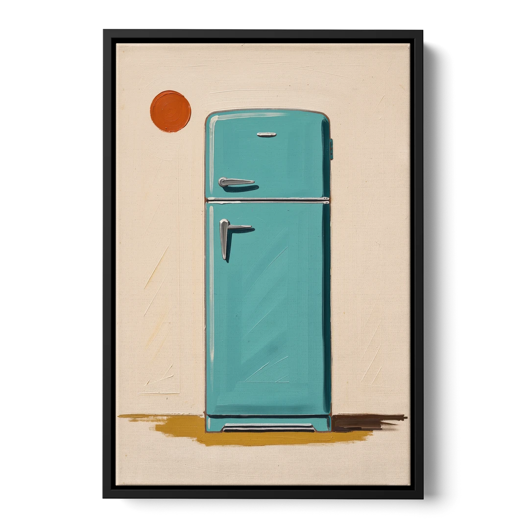 Vintage Kitchen Wall Art with a Teal Fifties Fridge - Black Framed Canvas Wall Art - Front