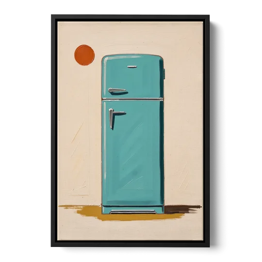 Vintage Kitchen Wall Art with a Teal Fifties Fridge - Black Framed Canvas Wall Art - Front