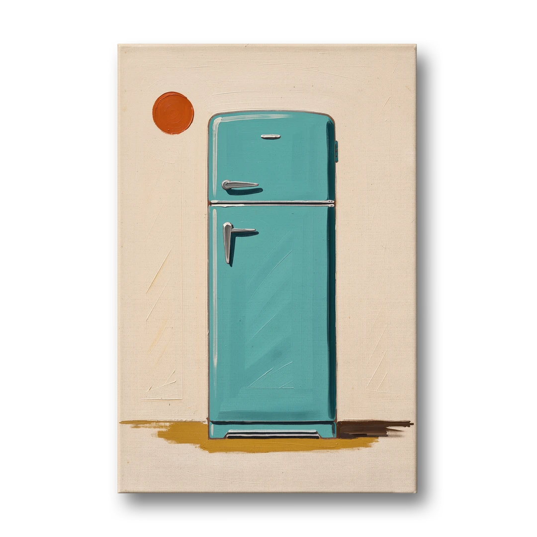 Vintage Kitchen Wall Art with a Teal Fifties Fridge - Canvas Wall Art - Front