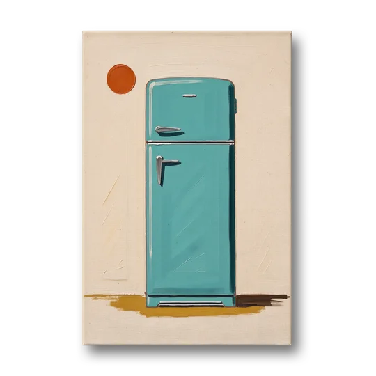 Vintage Kitchen Wall Art with a Teal Fifties Fridge - Canvas Wall Art - Front