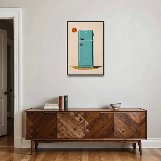 Vintage Kitchen Wall Art with a Teal Fifties Fridge - Black Framed Canvas Wall Art - Coffee Table - 24x36
