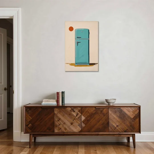 Vintage Kitchen Wall Art with a Teal Fifties Fridge - Canvas Wall Art - Coffee Table - 24x36