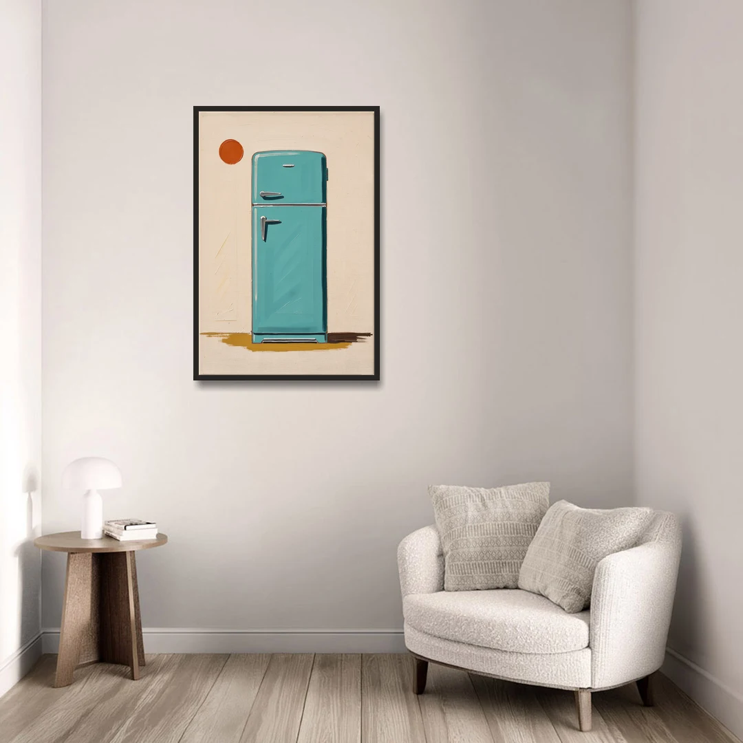 Vintage Kitchen Wall Art with a Teal Fifties Fridge - Black Framed Canvas Wall Art - Sofa - 24x36