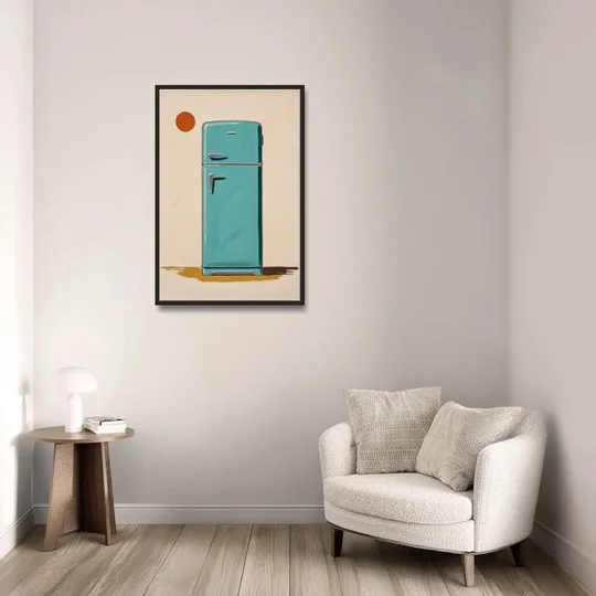Vintage Kitchen Wall Art with a Teal Fifties Fridge - Black Framed Canvas Wall Art - Sofa - 24x36