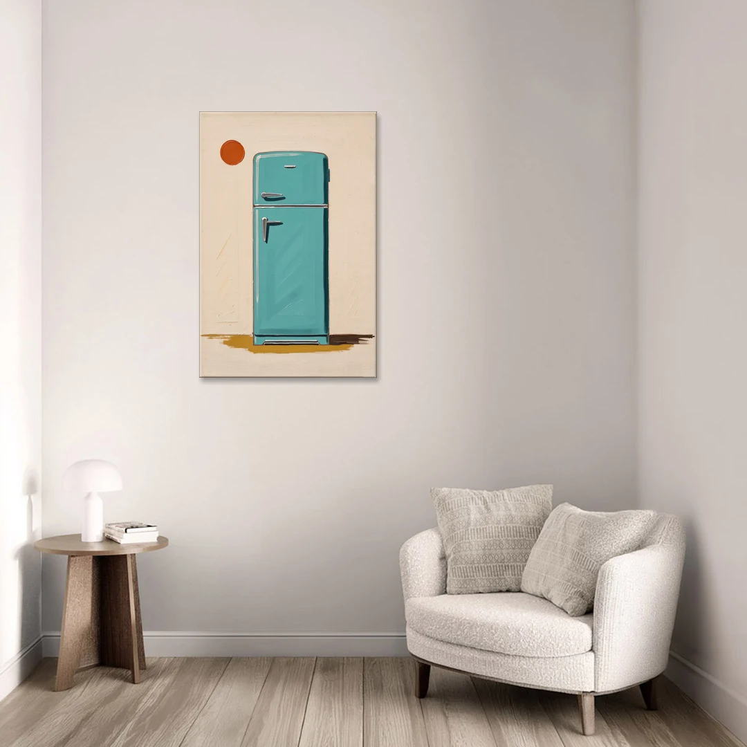 Vintage Kitchen Wall Art with a Teal Fifties Fridge - Canvas Wall Art - Sofa - 24x36