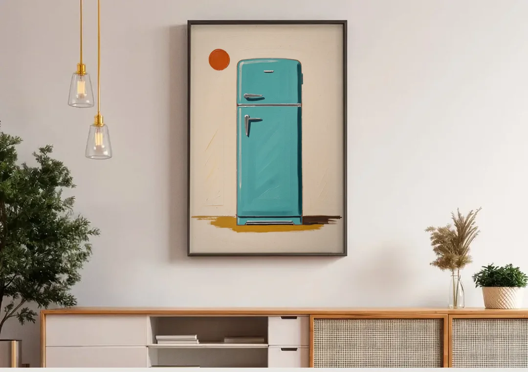 Vintage Kitchen Wall Art with a Teal Fifties Fridge canvas wall art above a wooden sideboard under pendant lights