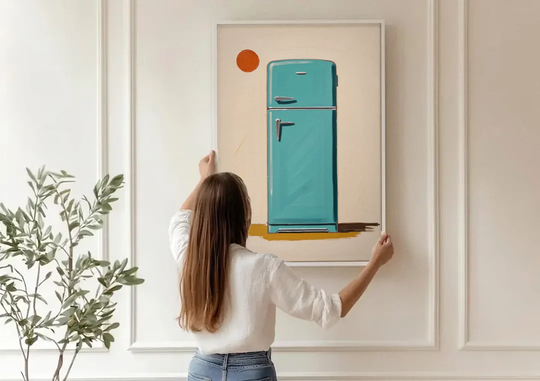 Vintage Kitchen Wall Art with a Teal Fifties Fridge canvas wall art being hung on a paneled wall