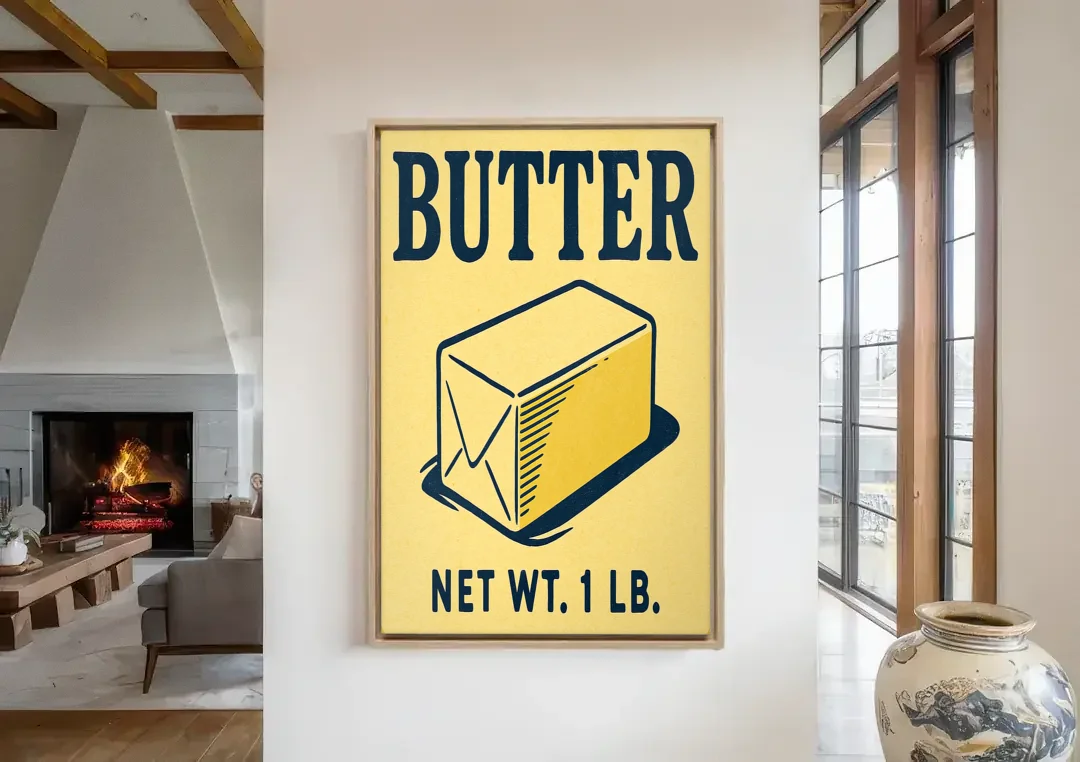 Vintage Natural Butter canvas wall art in a living room with a fireplace