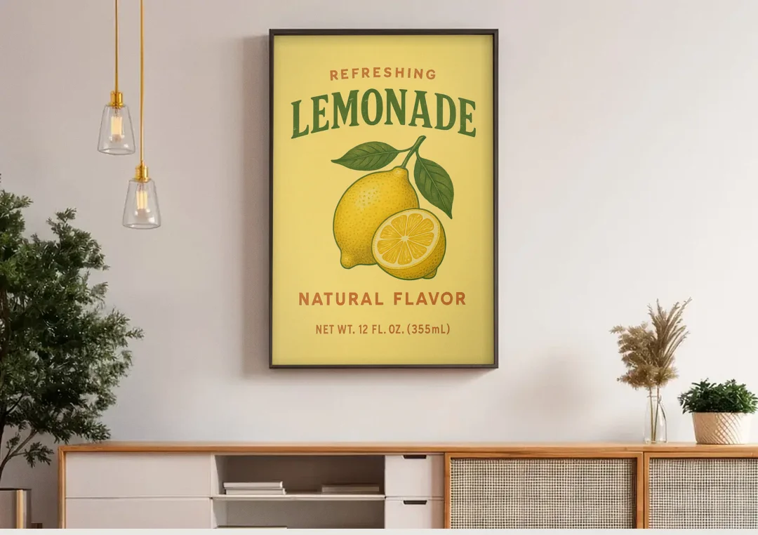 Vintage Natural Lemonade canvas wall art above a wooden sideboard under pendant lights