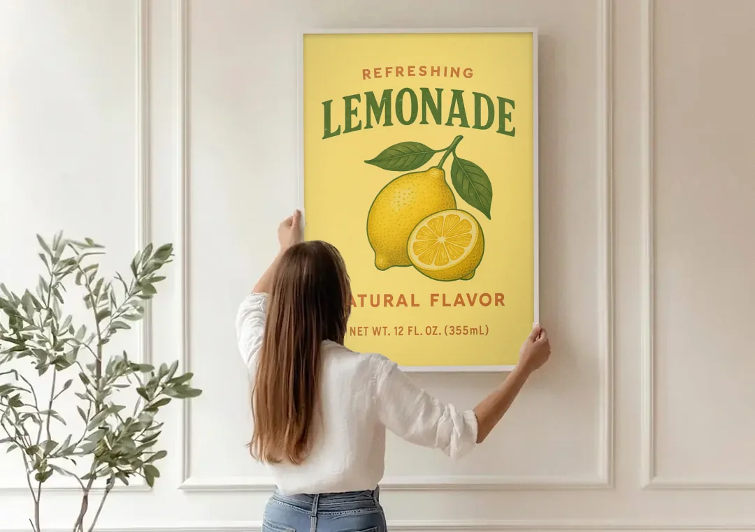 Vintage Natural Lemonade canvas wall art being hung on a paneled wall