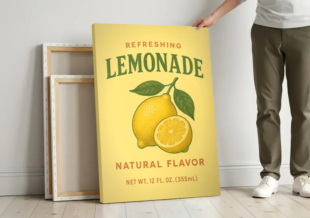 Vintage Natural Lemonade canvas wall art leaning against a wall next to blank canvases