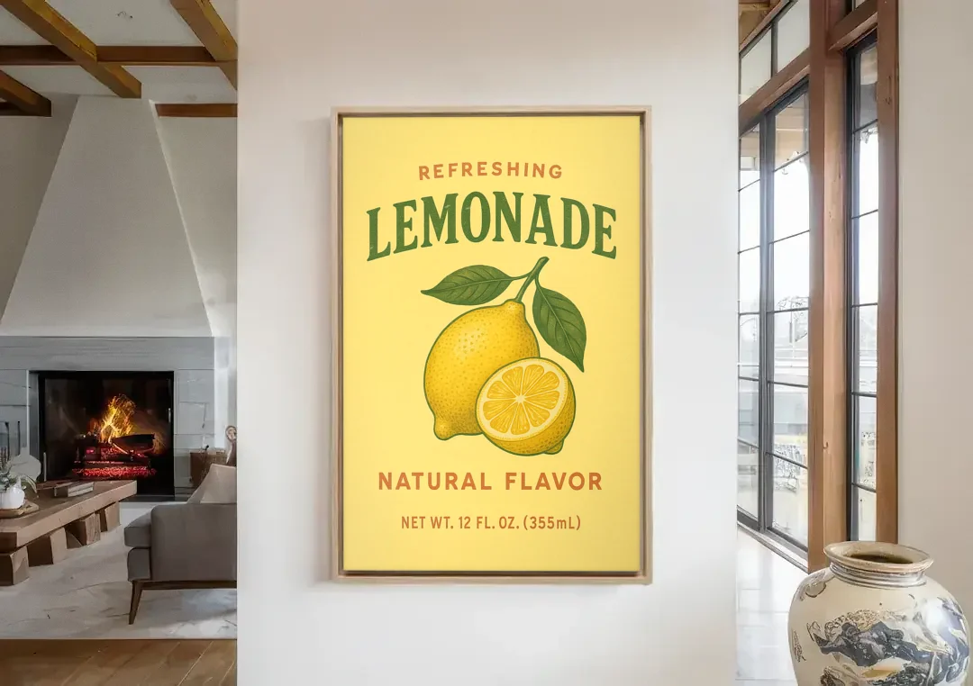 Vintage Natural Lemonade canvas wall art in a living room with a fireplace