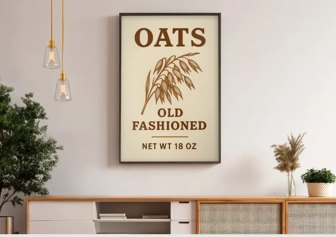 Vintage Oats Old Fashioned canvas wall art above a wooden sideboard under pendant lights