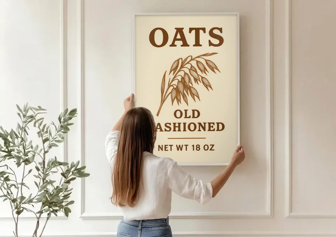 Vintage Oats Old Fashioned canvas wall art being hung on a paneled wall
