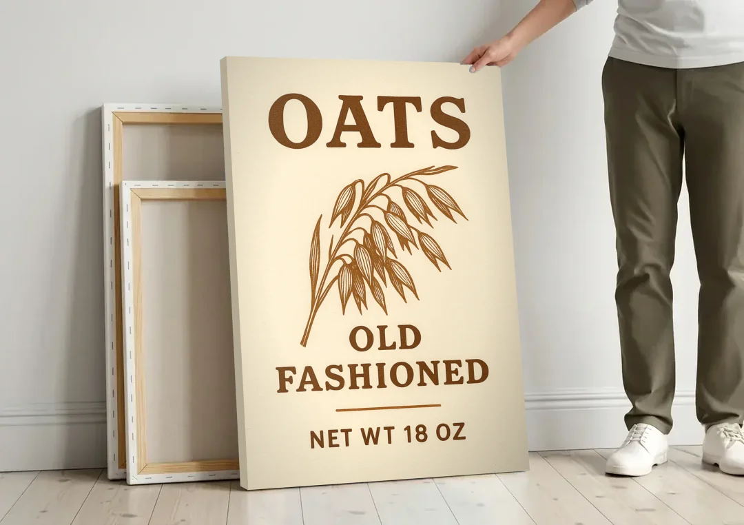 Vintage Oats Old Fashioned canvas wall art leaning against a wall next to blank canvases