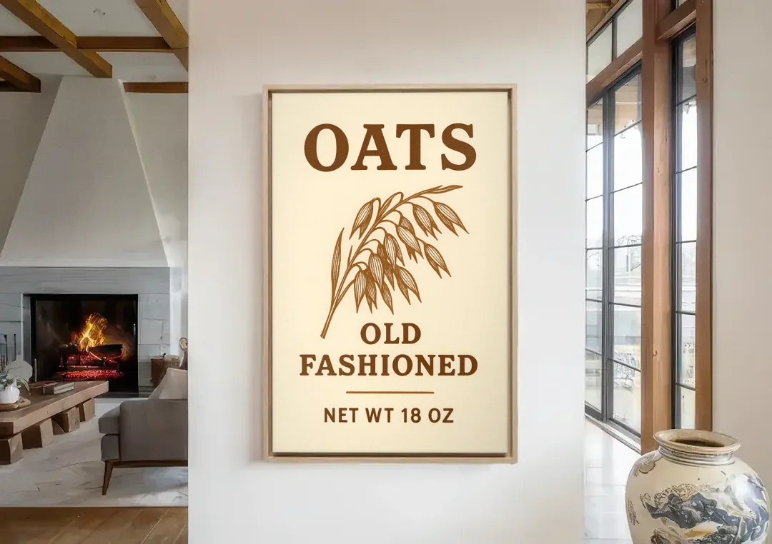 Vintage Oats Old Fashioned canvas wall art in a living room with a fireplace