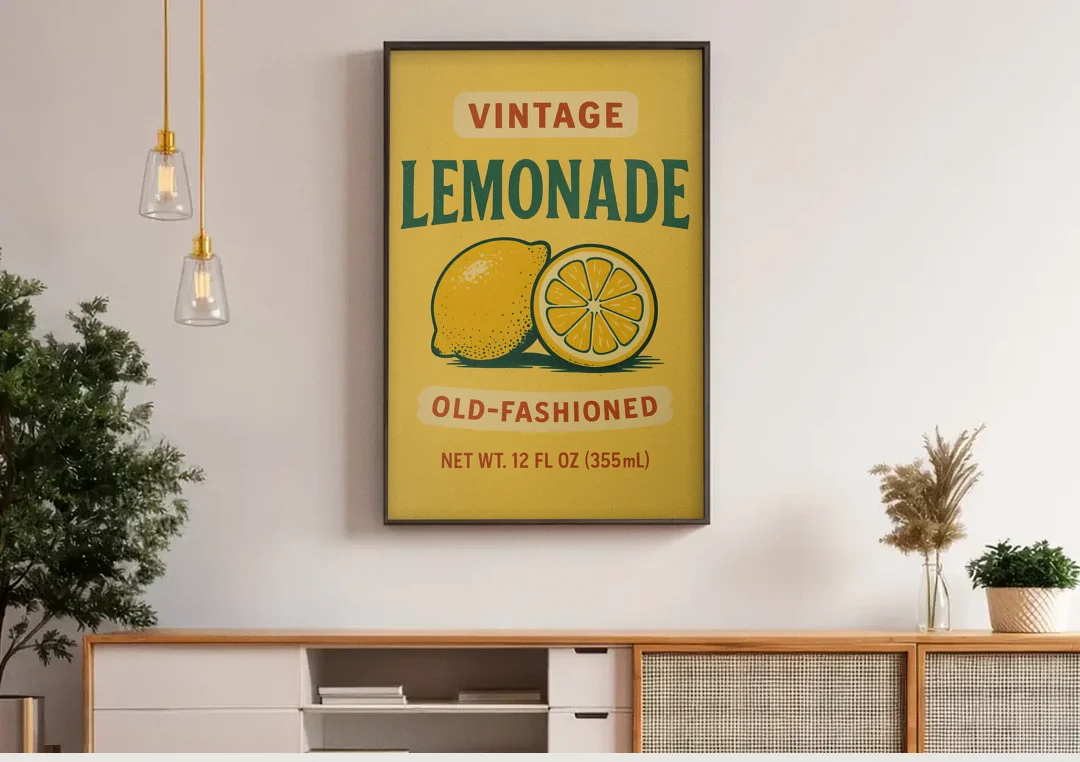Vintage Old Fashioned Lemonade canvas wall art above a wooden sideboard under pendant lights