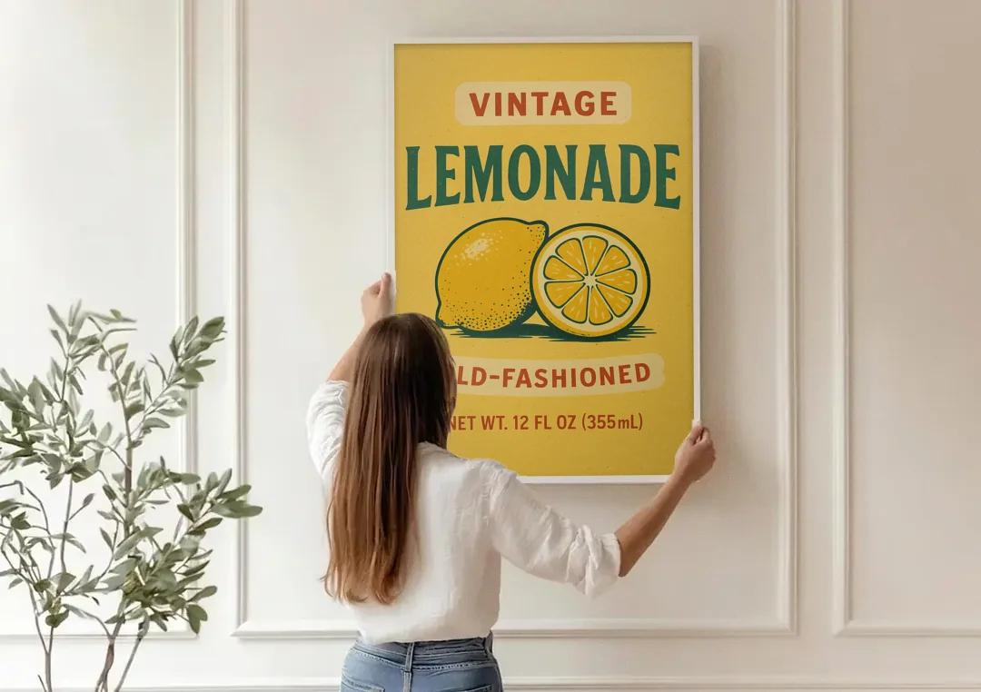 Vintage Old Fashioned Lemonade canvas wall art being hung on a paneled wall