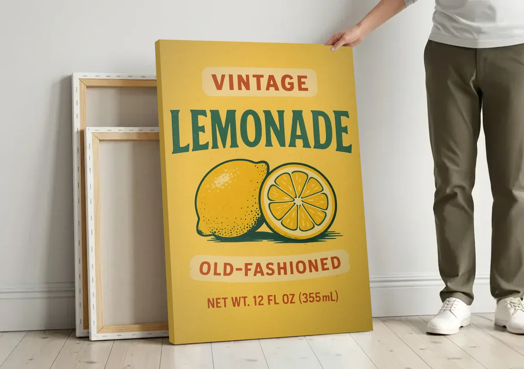 Vintage Old Fashioned Lemonade canvas wall art leaning against a wall next to blank canvases