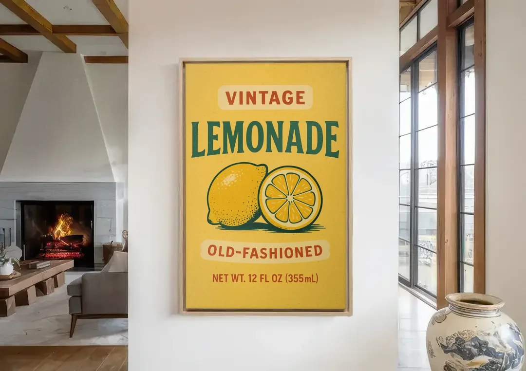Vintage Old Fashioned Lemonade canvas wall art in a living room with a fireplace