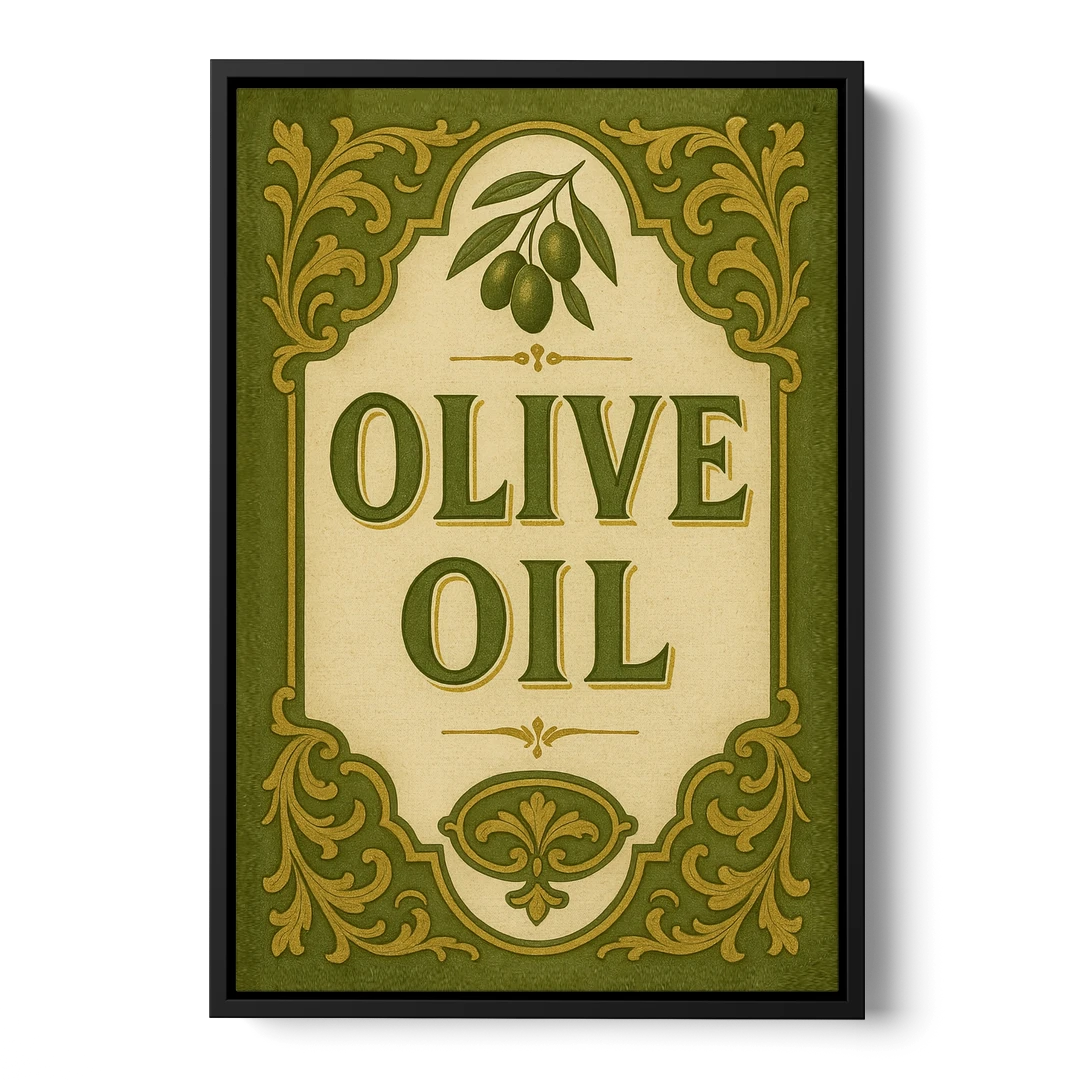 Vintage Olive Oil - Black Framed Canvas Wall Art - Front