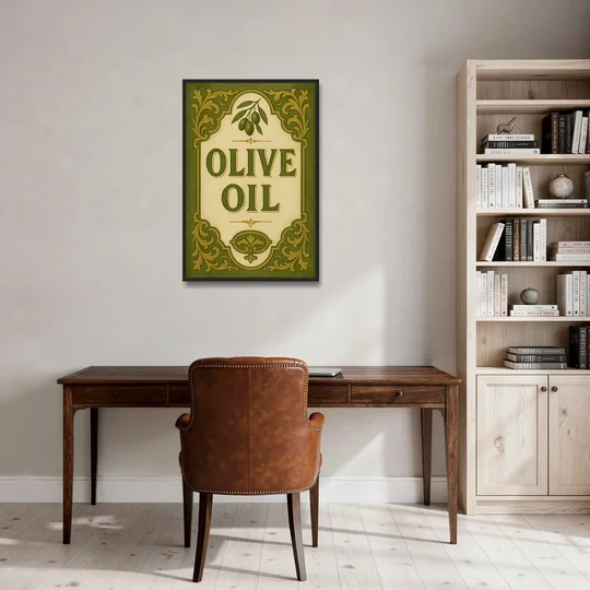 Vintage Olive Oil - Black Framed Canvas Wall Art - Office - 24x36