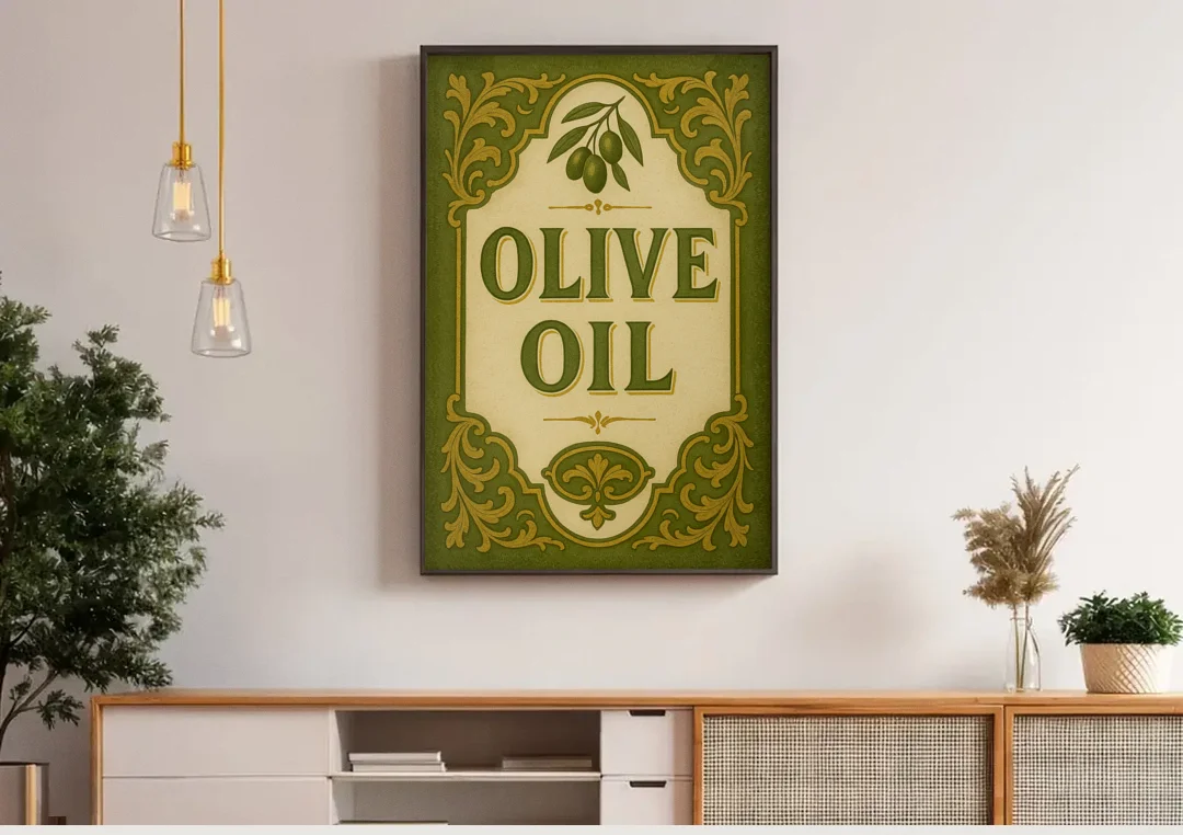 Vintage Olive Oil canvas wall art above a wooden sideboard under pendant lights
