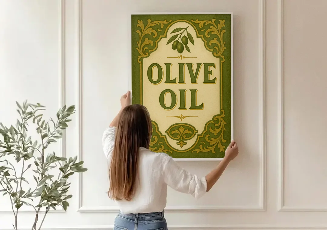 Vintage Olive Oil canvas wall art being hung on a paneled wall