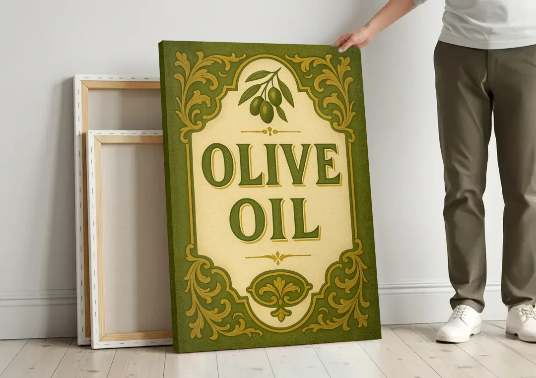 Vintage Olive Oil canvas wall art leaning against a wall next to blank canvases