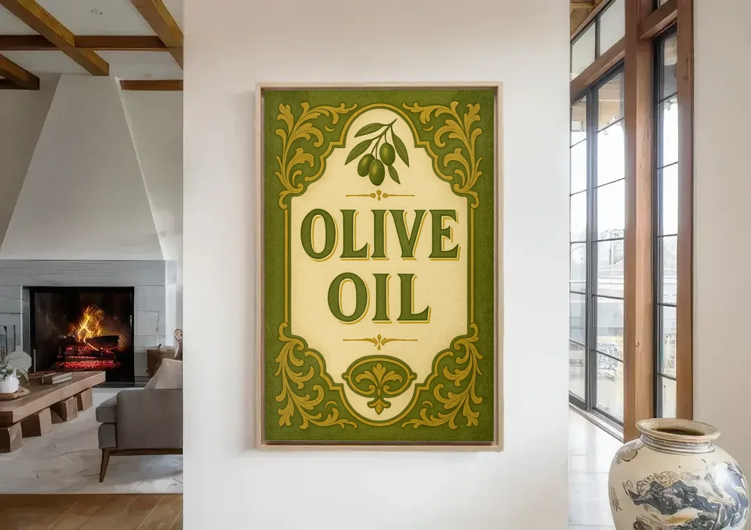 Vintage Olive Oil canvas wall art in a living room with a fireplace