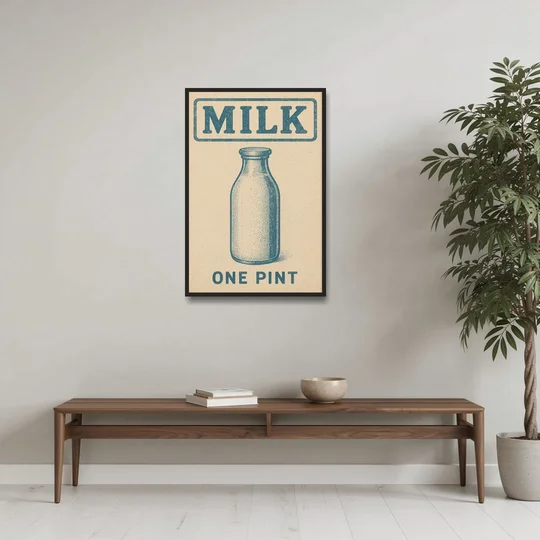 Vintage One Pint of Milk - Black Framed Canvas Wall Art - Coffee Table - 24x36