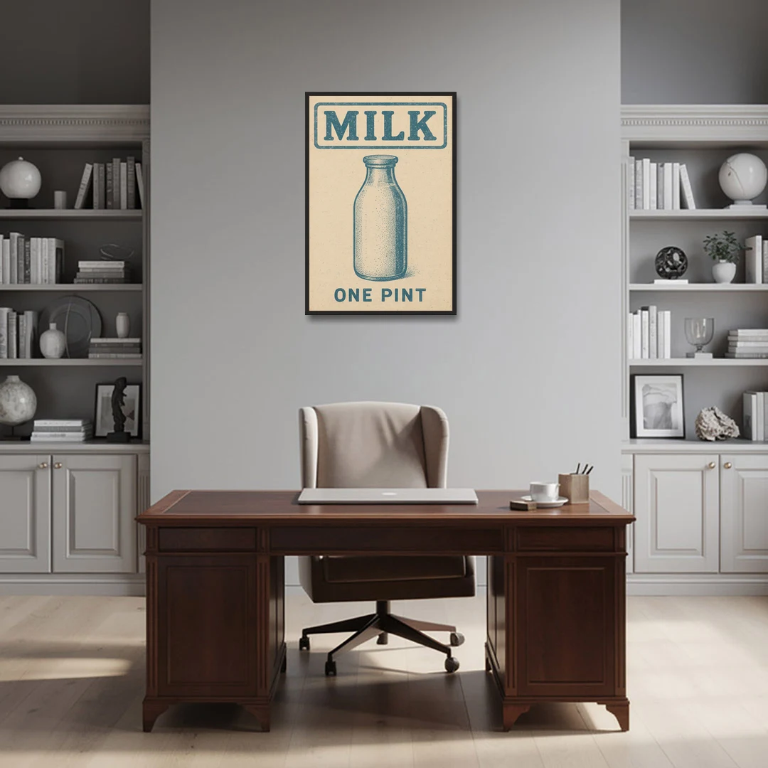 Vintage One Pint of Milk - Black Framed Canvas Wall Art - Office - 24x36