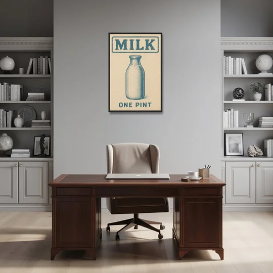 Vintage One Pint of Milk - Black Framed Canvas Wall Art - Office - 24x36
