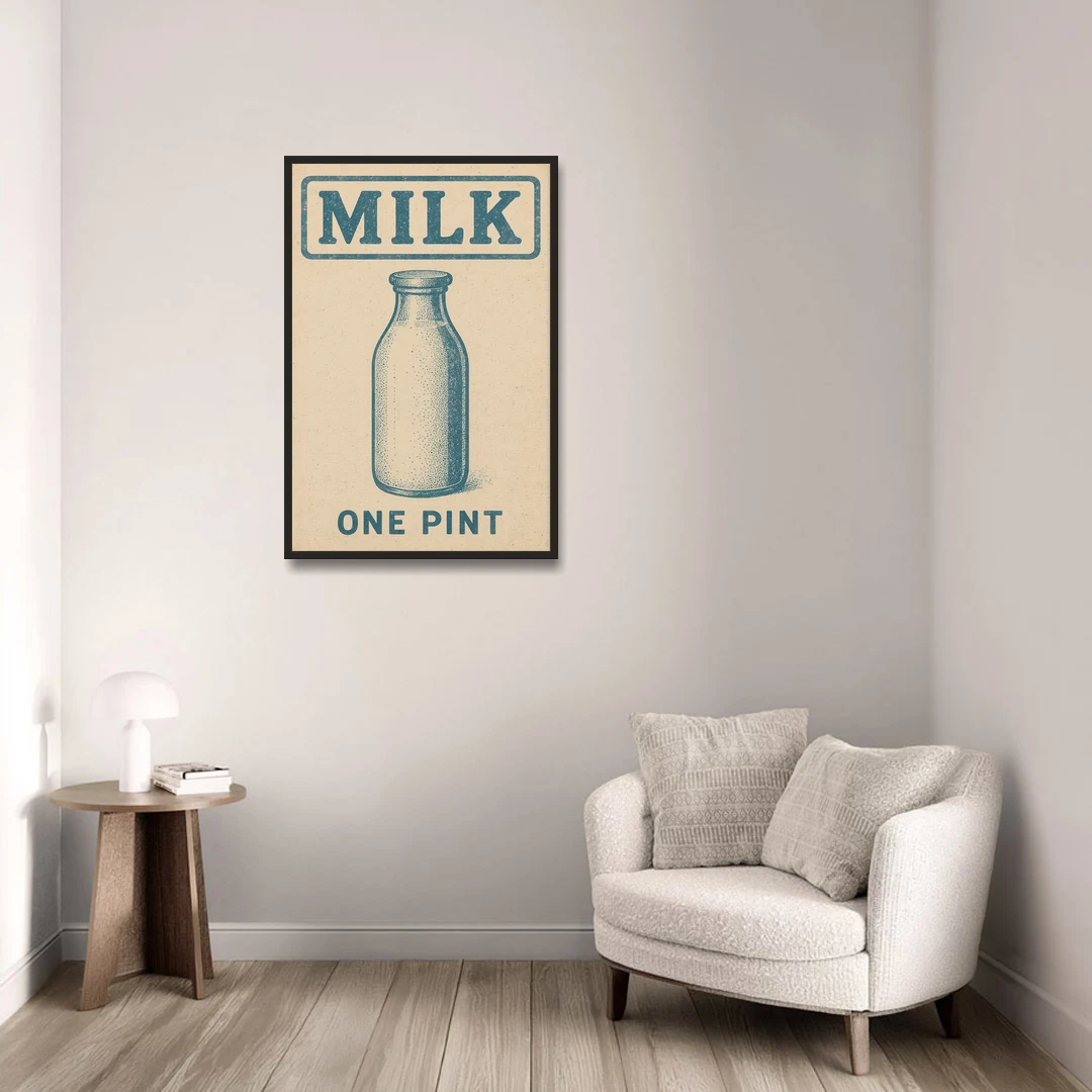 Vintage One Pint of Milk - Black Framed Canvas Wall Art - Sofa - 24x36