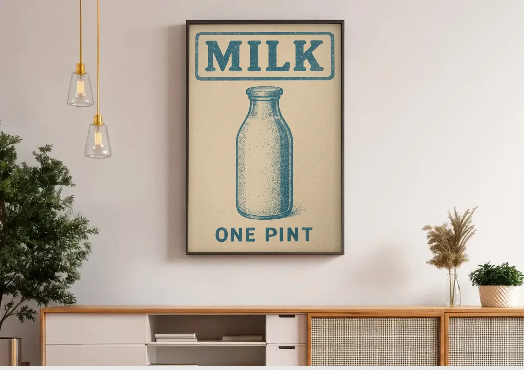 Vintage One Pint of Milk canvas wall art above a wooden sideboard under pendant lights