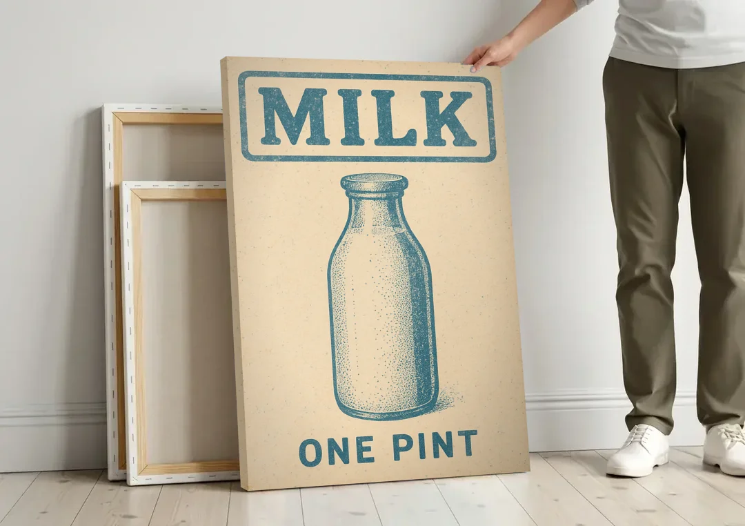 Vintage One Pint of Milk canvas wall art leaning against a wall next to blank canvases