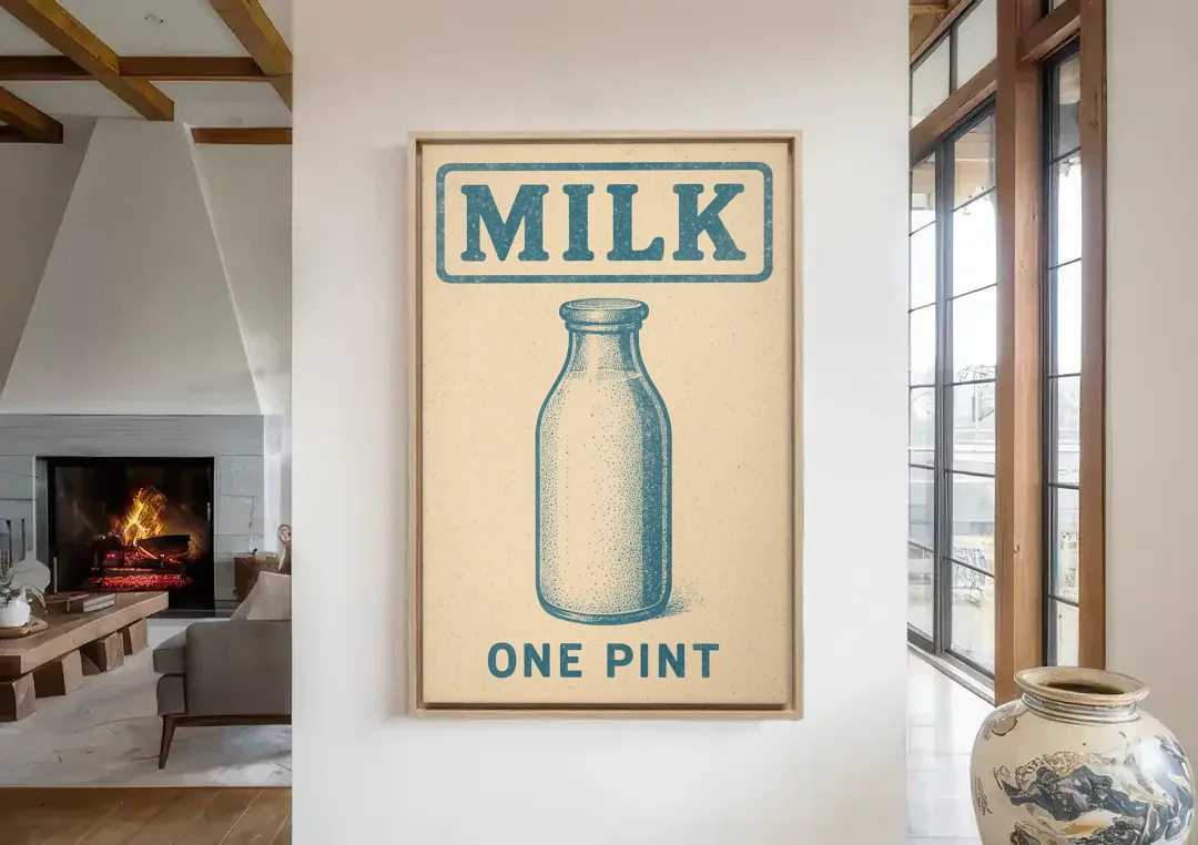 Vintage One Pint of Milk canvas wall art in a living room with a fireplace