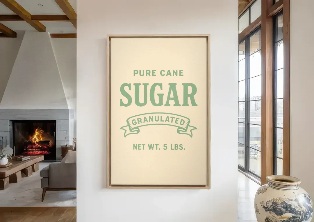 Vintage Pure Cane Sugar canvas wall art in a living room with a fireplace