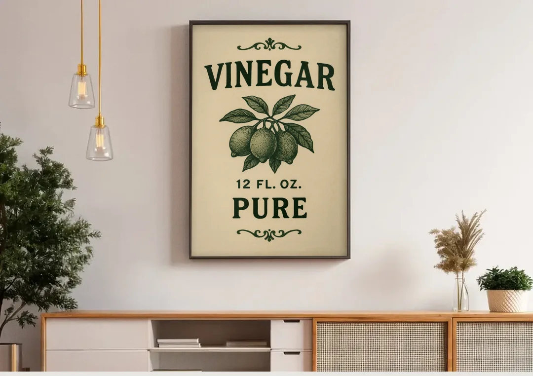Vintage Pure Vinegar canvas wall art above a wooden sideboard under pendant lights